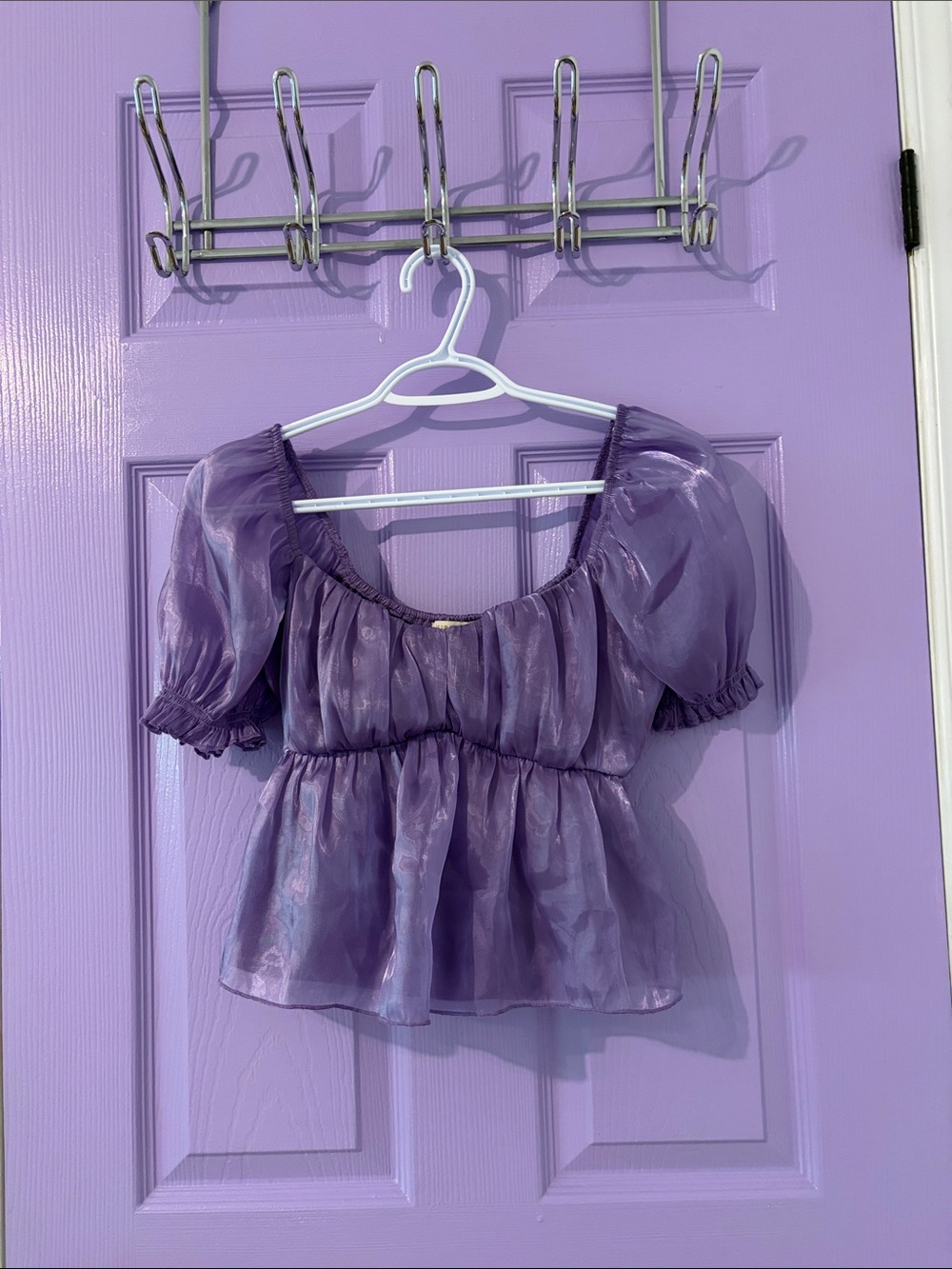 Sheer Lavender Puff-Sleeve Peplum Blouse - Women